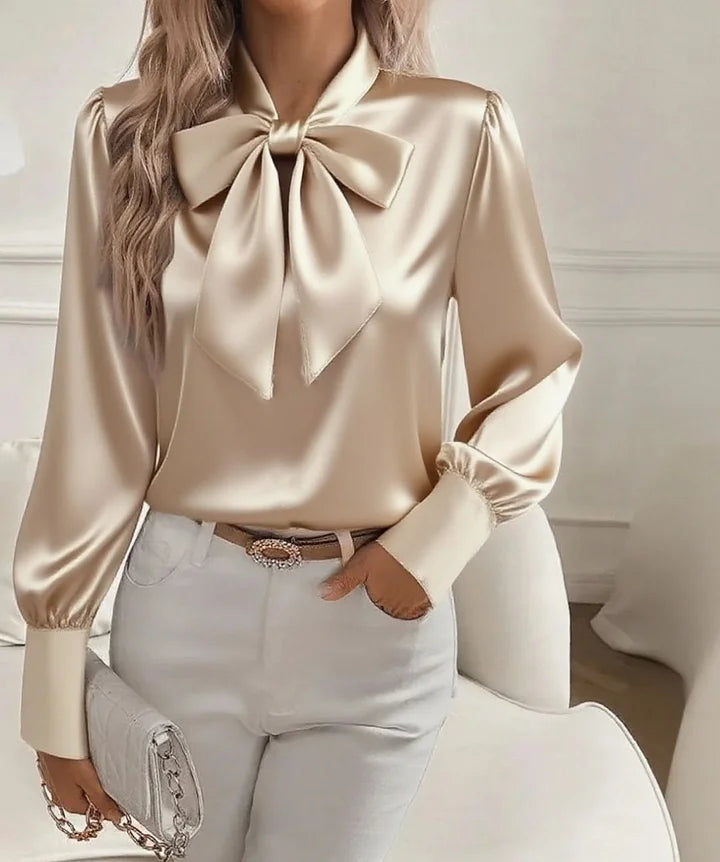 Amelia | Satin Bow-Tie V-Neck Blouse